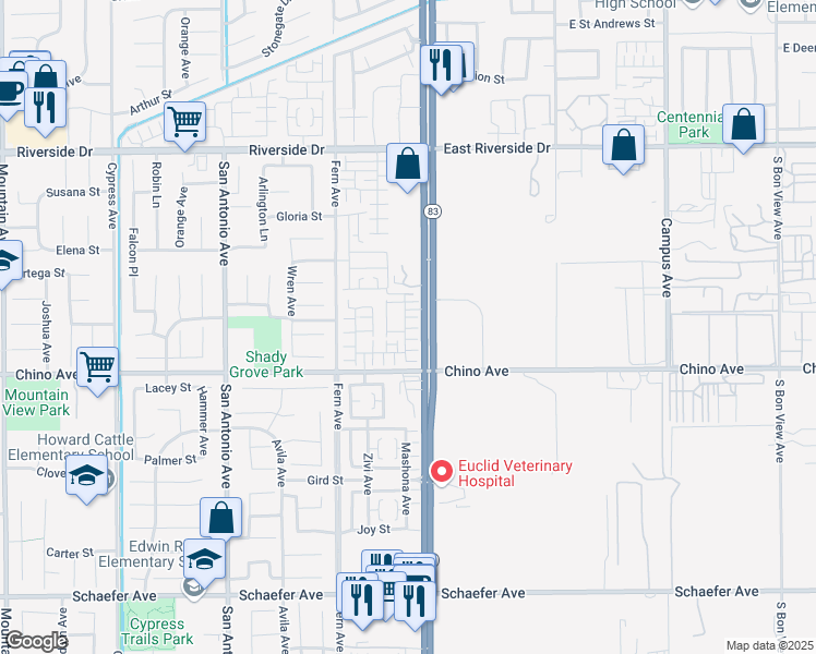 map of restaurants, bars, coffee shops, grocery stores, and more near 13213 Copra Avenue in Chino