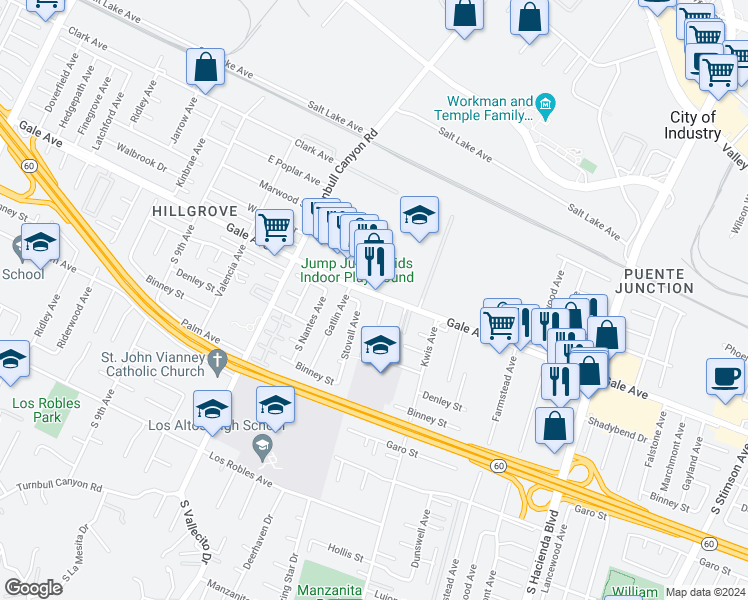 map of restaurants, bars, coffee shops, grocery stores, and more near 15348 Gale Avenue in City of Industry