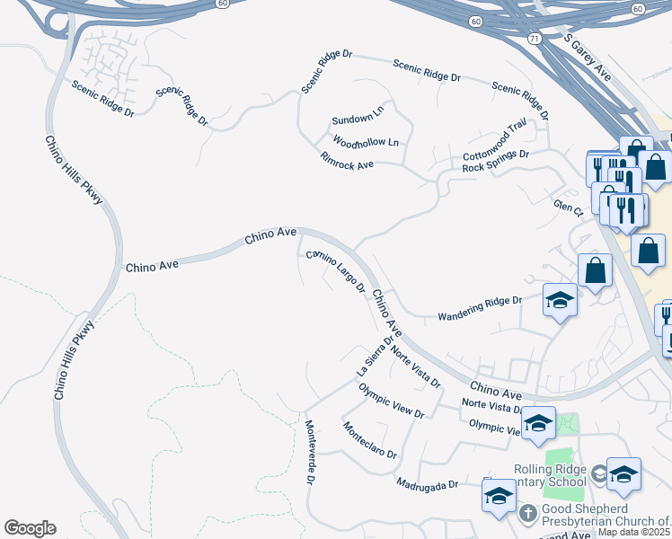 map of restaurants, bars, coffee shops, grocery stores, and more near 2155 Camino Largo Drive in Chino Hills