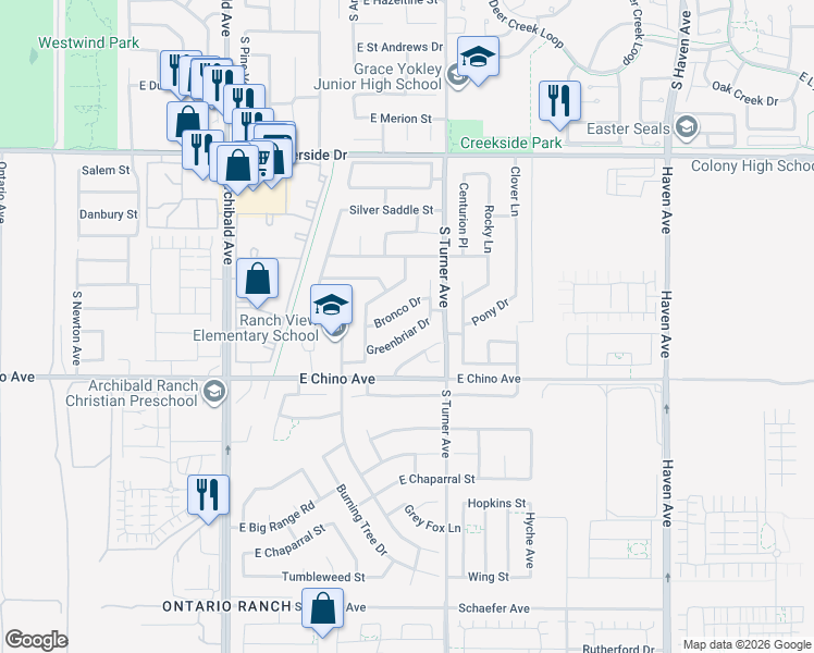 map of restaurants, bars, coffee shops, grocery stores, and more near 2965 Greenbriar Drive in Ontario