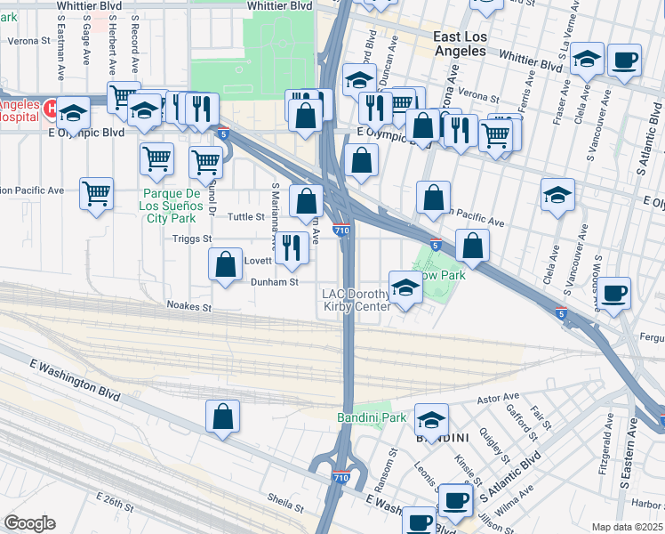 map of restaurants, bars, coffee shops, grocery stores, and more near 1425 1/2 South Sydney Drive in Los Angeles