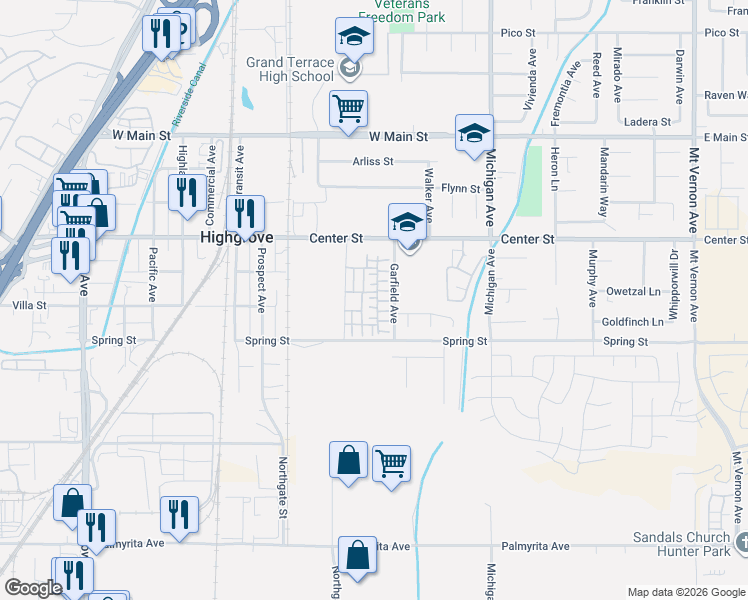 map of restaurants, bars, coffee shops, grocery stores, and more near 7281 Olive Grove Street in Riverside