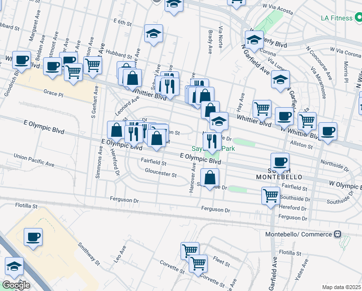 map of restaurants, bars, coffee shops, grocery stores, and more near 6138 East Easton Street in Los Angeles