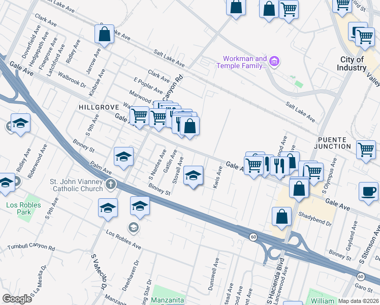 map of restaurants, bars, coffee shops, grocery stores, and more near 15348 Gale Avenue in City of Industry
