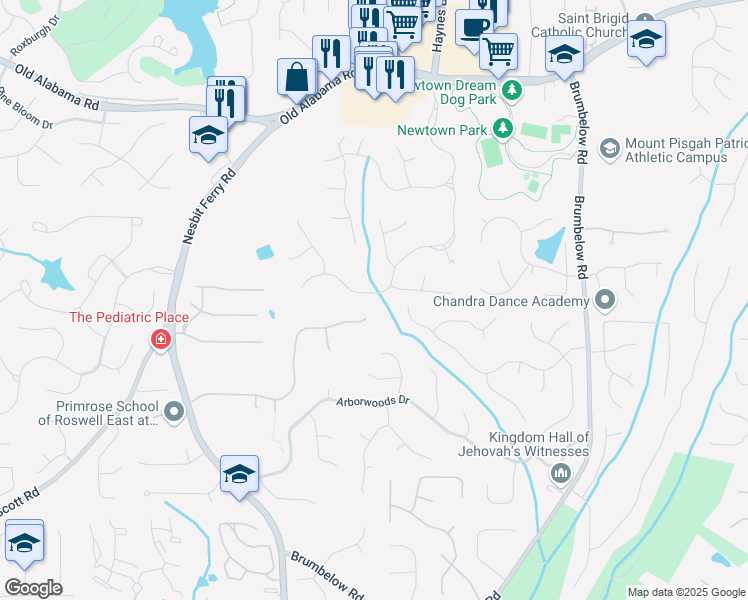 map of restaurants, bars, coffee shops, grocery stores, and more near 9600 Rod Road in Alpharetta