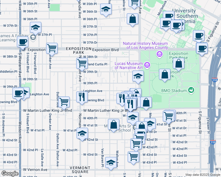 map of restaurants, bars, coffee shops, grocery stores, and more near 3944 South Budlong Avenue in Los Angeles