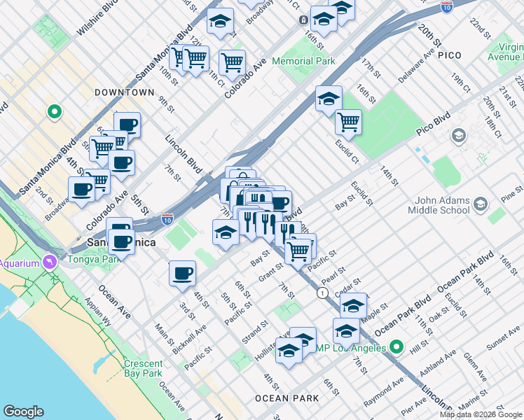 map of restaurants, bars, coffee shops, grocery stores, and more near 1842 9th Street in Santa Monica