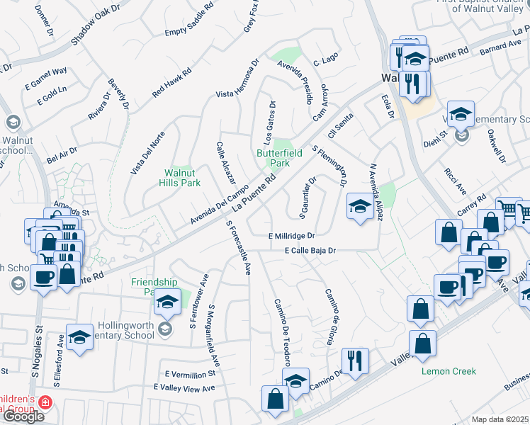 map of restaurants, bars, coffee shops, grocery stores, and more near 3505 Whitingham Drive in West Covina