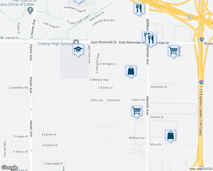 map of restaurants, bars, coffee shops, grocery stores, and more near 3249 South Edenglen Avenue in Ontario