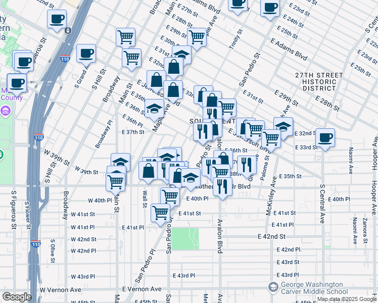 map of restaurants, bars, coffee shops, grocery stores, and more near 3603 1/2 Adair Street in Los Angeles