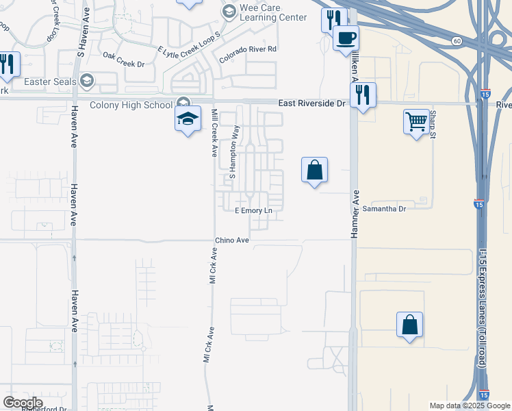 map of restaurants, bars, coffee shops, grocery stores, and more near 3249 South Edenglen Avenue in Ontario