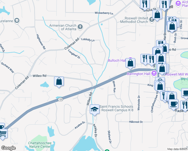 map of restaurants, bars, coffee shops, grocery stores, and more near 655 Huntwick Place in Roswell