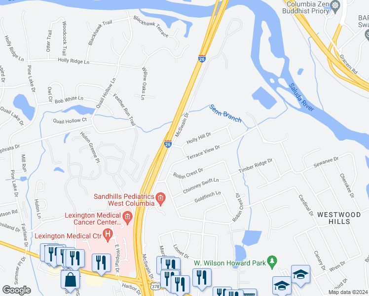 map of restaurants, bars, coffee shops, grocery stores, and more near 1747 Holly Hill Drive in West Columbia