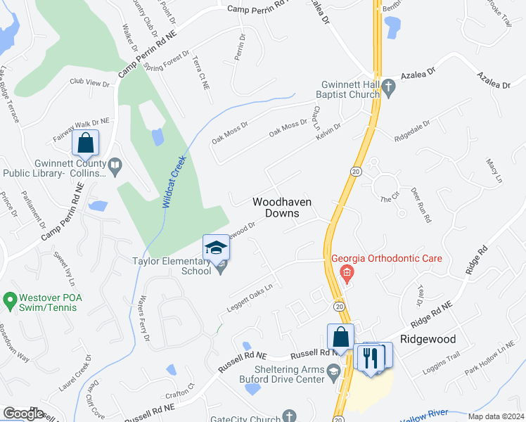 map of restaurants, bars, coffee shops, grocery stores, and more near 652 Saddlewood Drive in Lawrenceville