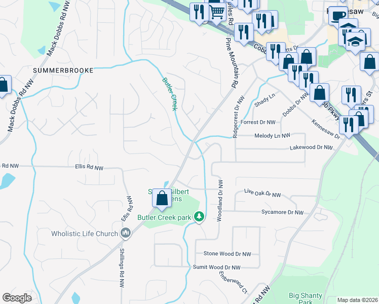 map of restaurants, bars, coffee shops, grocery stores, and more near 4002 Pine Mountain Road in Kennesaw
