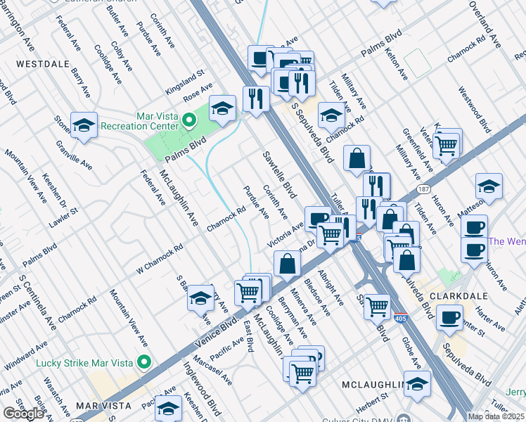 map of restaurants, bars, coffee shops, grocery stores, and more near Francis Place in Los Angeles
