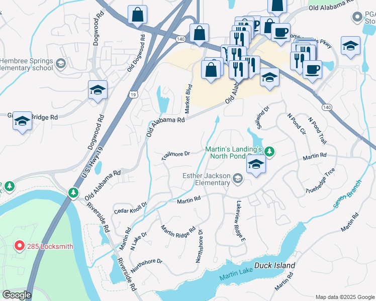 map of restaurants, bars, coffee shops, grocery stores, and more near 1180 Trailmore Drive in Roswell