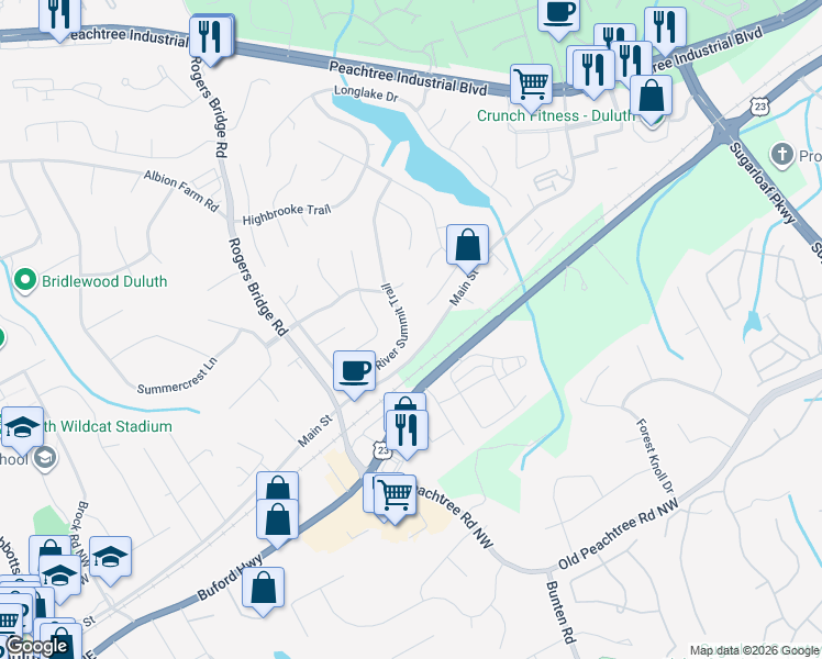 map of restaurants, bars, coffee shops, grocery stores, and more near 3410 River Summit Trail in Duluth