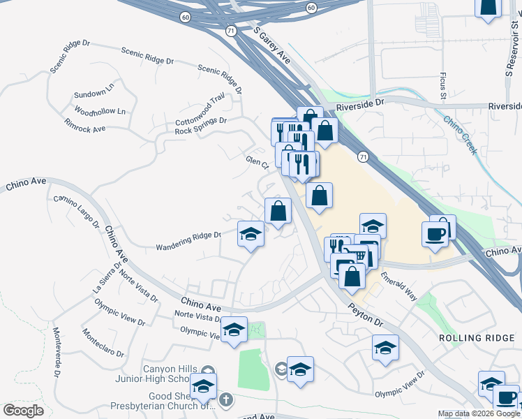 map of restaurants, bars, coffee shops, grocery stores, and more near 2693 Lookout Circle in Chino Hills