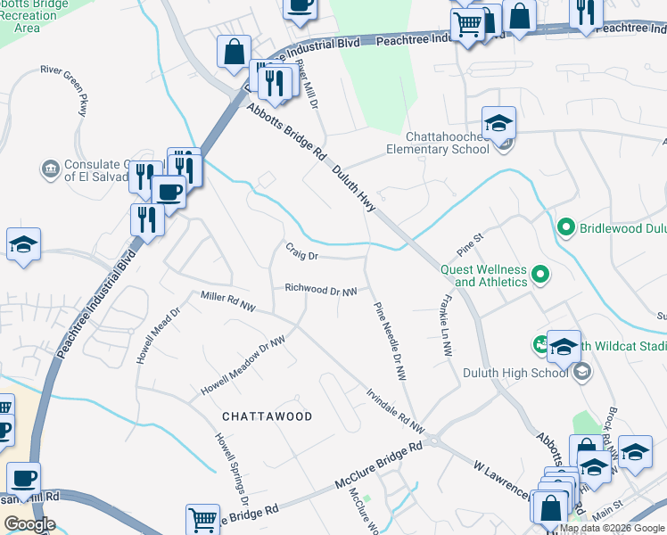 map of restaurants, bars, coffee shops, grocery stores, and more near 3184 Craig Dr in Duluth