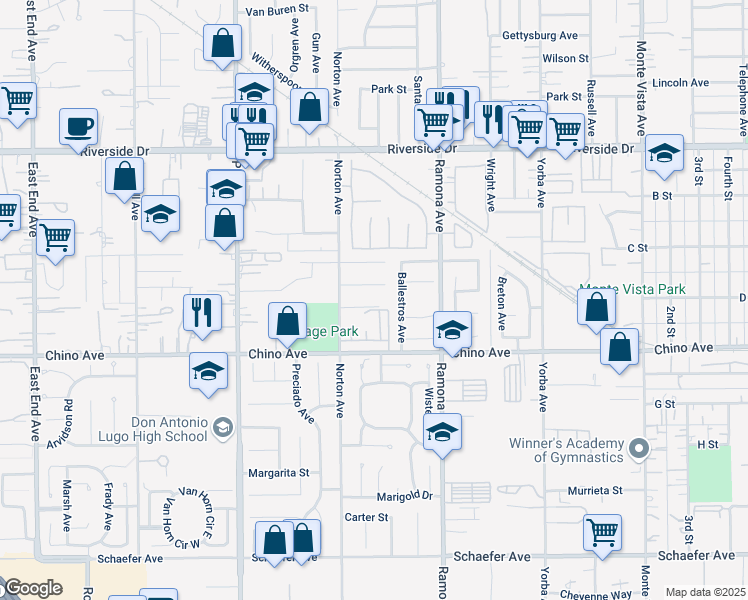 map of restaurants, bars, coffee shops, grocery stores, and more near 4363 Whitney Court in Chino