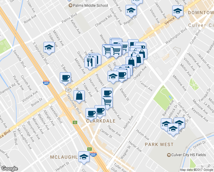 map of restaurants, bars, coffee shops, grocery stores, and more near 3908 Prospect Avenue in Culver City