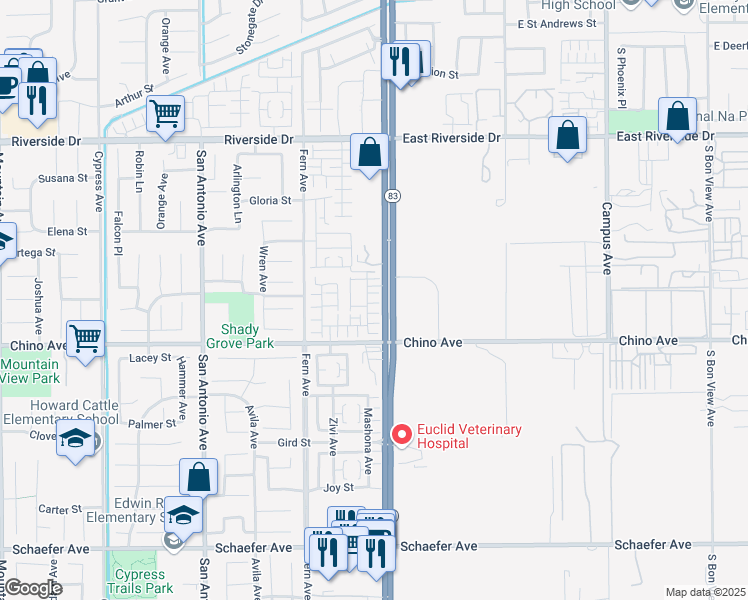 map of restaurants, bars, coffee shops, grocery stores, and more near 13203 Copra Avenue in Chino