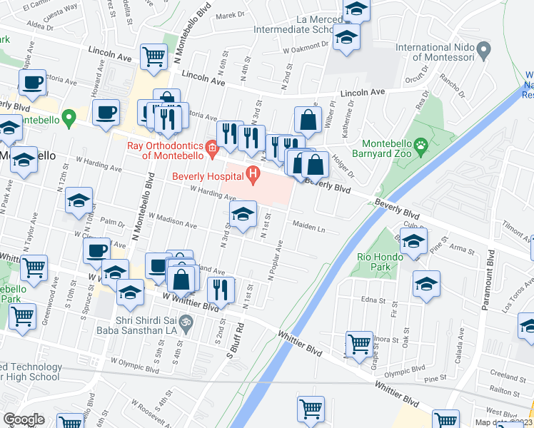 map of restaurants, bars, coffee shops, grocery stores, and more near 335 1/2 North 1st Street in Montebello