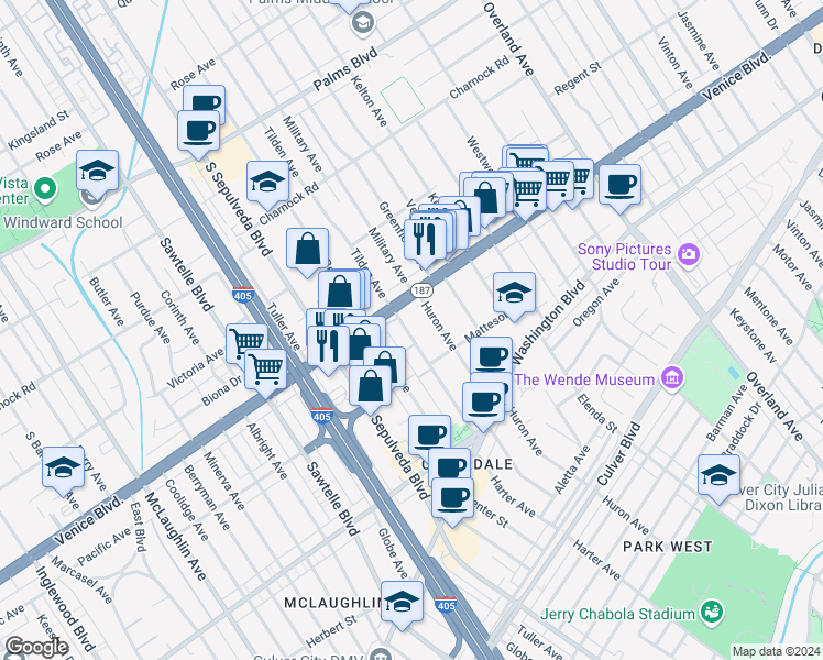 map of restaurants, bars, coffee shops, grocery stores, and more near 3838 Tilden Avenue in Culver City