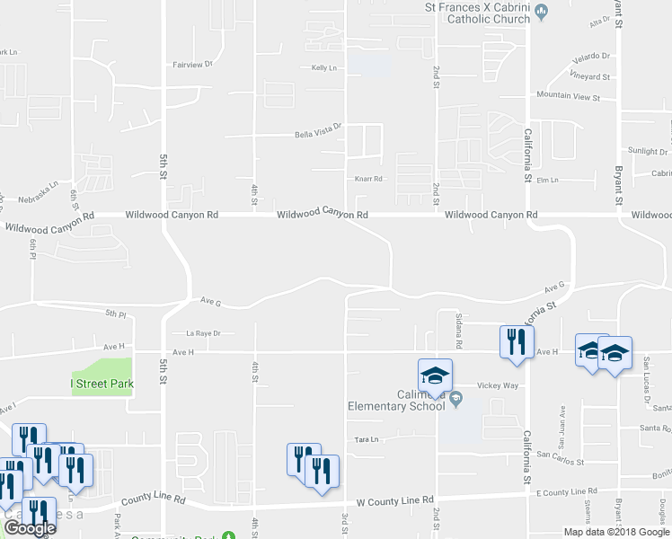 map of restaurants, bars, coffee shops, grocery stores, and more near 34690 Avenue G in Yucaipa