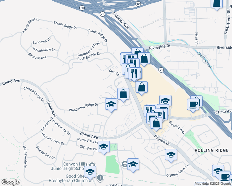 map of restaurants, bars, coffee shops, grocery stores, and more near 2693 Lookout Circle in Chino Hills