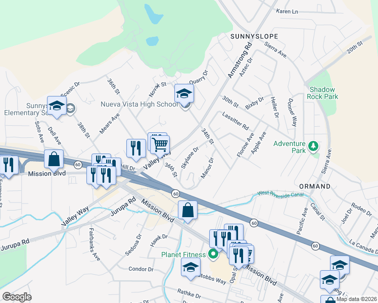 map of restaurants, bars, coffee shops, grocery stores, and more near 3483 Skylane Drive in Riverside