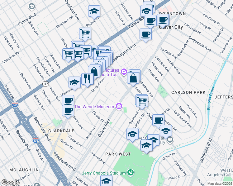 map of restaurants, bars, coffee shops, grocery stores, and more near 10735 Garland Drive in Culver City