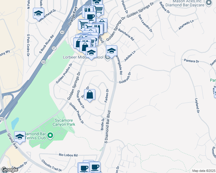 map of restaurants, bars, coffee shops, grocery stores, and more near 662 Farben Drive in Diamond Bar