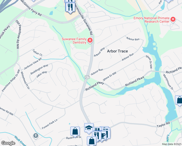 map of restaurants, bars, coffee shops, grocery stores, and more near 590 Devonshire Walk Drive in Suwanee