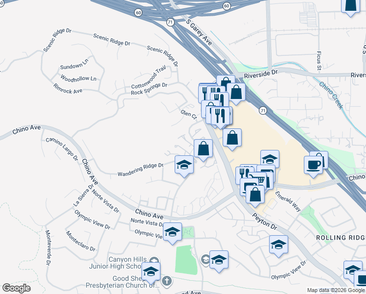 map of restaurants, bars, coffee shops, grocery stores, and more near 2662 Vista Monte Circle in Chino Hills