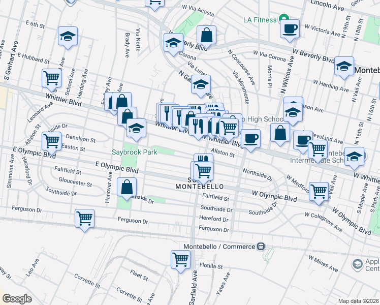 map of restaurants, bars, coffee shops, grocery stores, and more near 6537 West Northside Drive in East Los Angeles