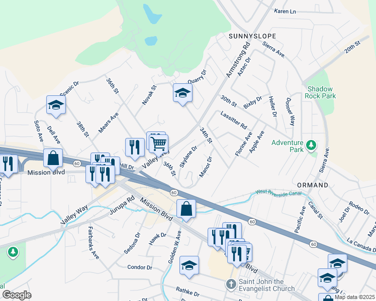 map of restaurants, bars, coffee shops, grocery stores, and more near 3483 Skylane Drive in Riverside