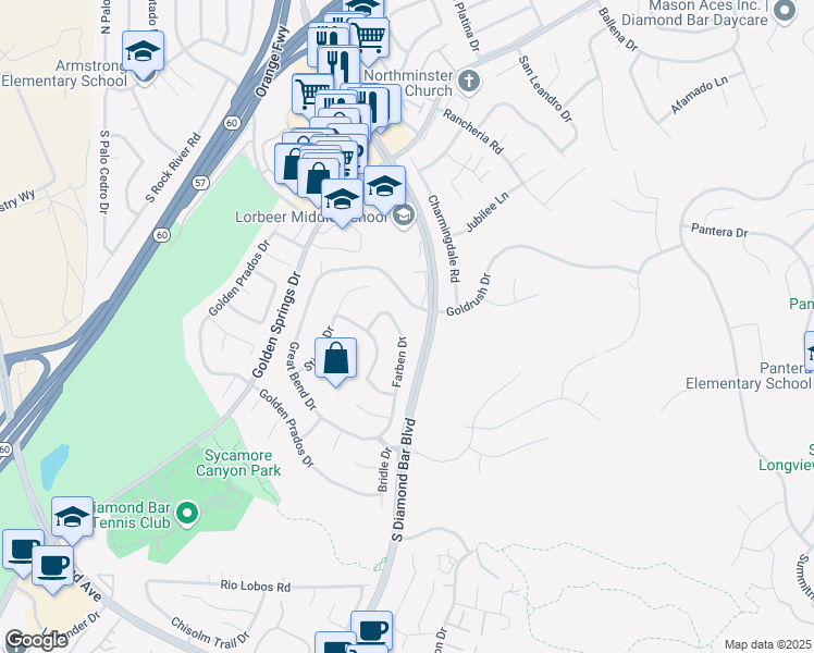 map of restaurants, bars, coffee shops, grocery stores, and more near 662 Farben Drive in Diamond Bar