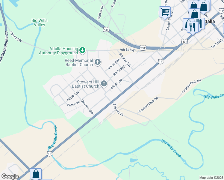 map of restaurants, bars, coffee shops, grocery stores, and more near 807 4th Street Southwest in Attalla