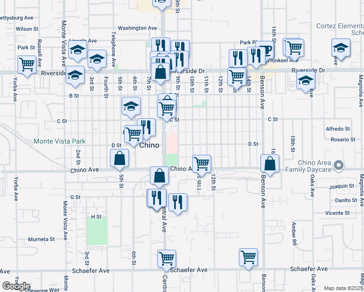 map of restaurants, bars, coffee shops, grocery stores, and more near 13180 10th Street in Chino