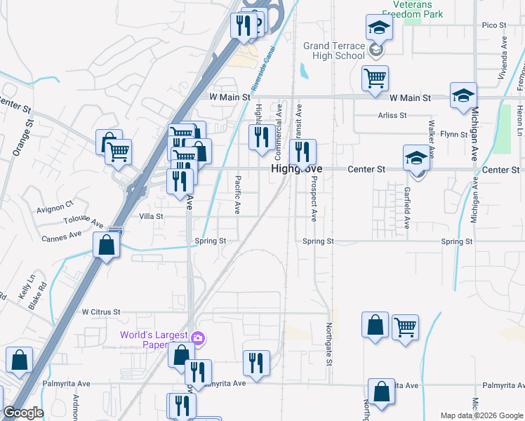 map of restaurants, bars, coffee shops, grocery stores, and more near 429 Highland Avenue in Riverside
