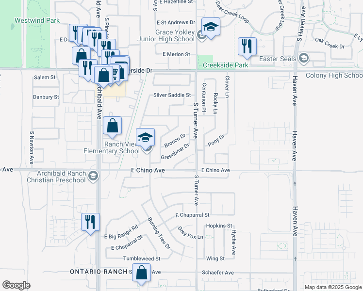 map of restaurants, bars, coffee shops, grocery stores, and more near 2941 Bronco Drive in Ontario