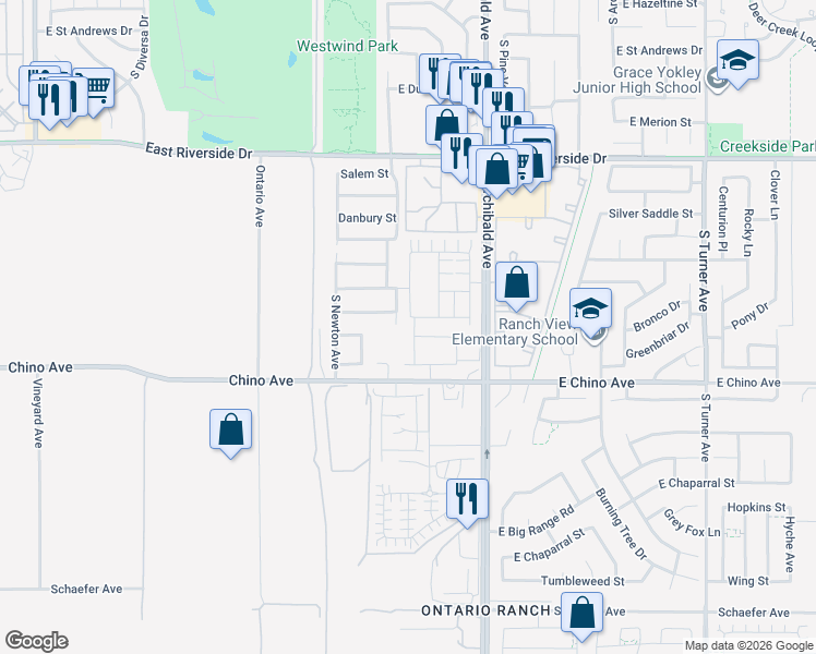 map of restaurants, bars, coffee shops, grocery stores, and more near 3192 South Colonial Avenue in Ontario