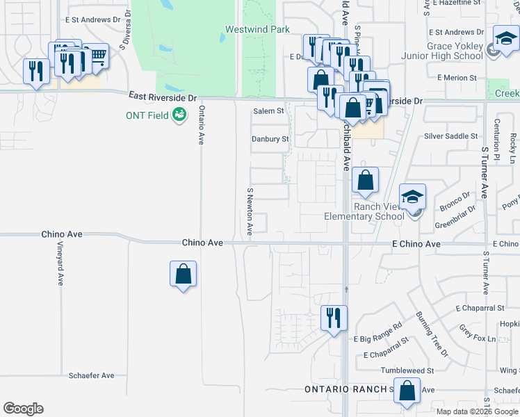 map of restaurants, bars, coffee shops, grocery stores, and more near 2452 East Darien Street in Ontario
