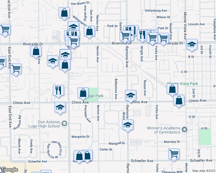 map of restaurants, bars, coffee shops, grocery stores, and more near 4363 Whitney Court in Chino