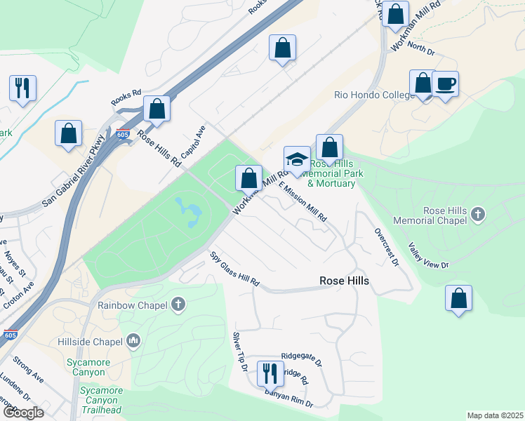 map of restaurants, bars, coffee shops, grocery stores, and more near 4140 Workman Mill Road in Whittier