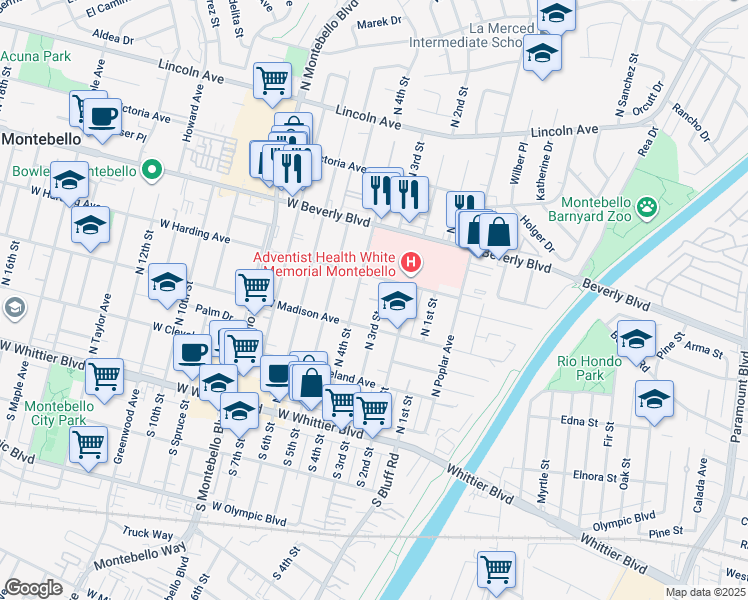 map of restaurants, bars, coffee shops, grocery stores, and more near 335 North 4th Street in Montebello