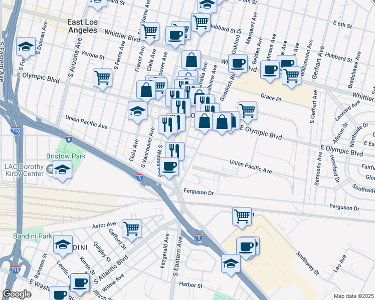 map of restaurants, bars, coffee shops, grocery stores, and more near 5303 Union Pacific Avenue in East Los Angeles