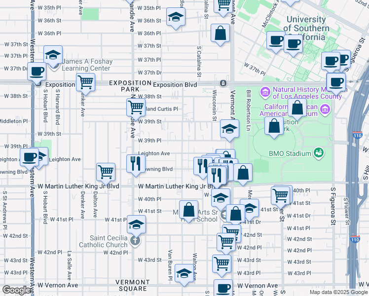 map of restaurants, bars, coffee shops, grocery stores, and more near 3928 Budlong Avenue in Los Angeles
